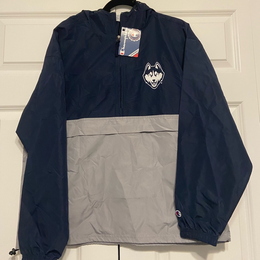 UCONN, Mens Half Zip Champion brand windbreaker with logo on the front and back